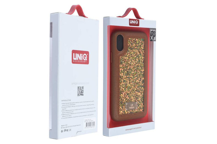 UNIQ Accessory Hard Case glitter leren backcover voor iPhone Xs - Bruin-Hoesjes-Ilumina Benelux