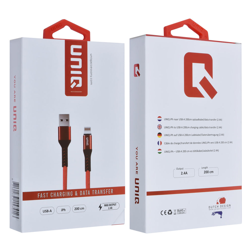 UNIQ Accessory Lightning USB Kabel 200cm snellader dataoverdracht - Rood-USB-Kabels-Ilumina Benelux