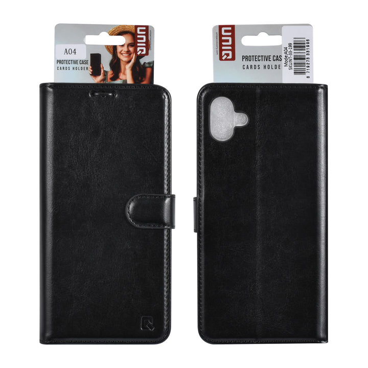 UNIQ Accessory Samsung Galaxy A04 Book Case hoesje - Pasjeshouder voor 3 pasjes - Hanger - Zwart-Hoesjes-Ilumina Benelux