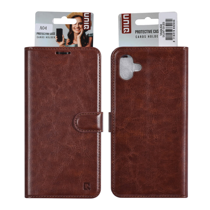 UNIQ Accessory Samsung Galaxy A04 Book Case hoesje - Pasjeshouder voor 3 pasjes - Magneetsluiting - Hanger - Bruin-Hoesjes-Ilumina Benelux