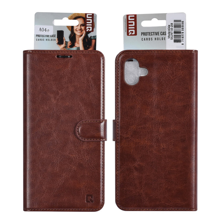 UNIQ Accessory Samsung Galaxy A04e Book Case hoesje - Pasjeshouder voor 3 pasjes - Hanger - Bruin-Hoesjes-Ilumina Benelux