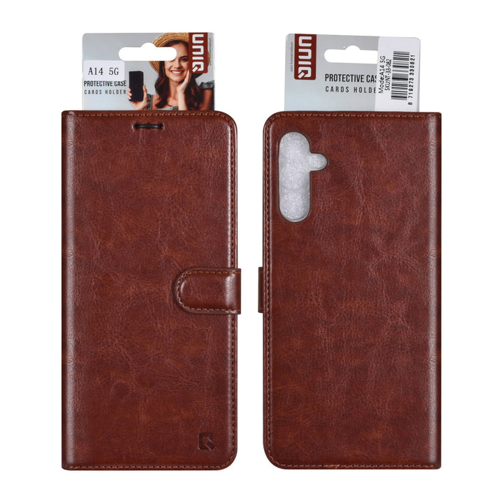 UNIQ Accessory Samsung Galaxy A14 5G Book Case hoesje - Pasjeshouder voor 3 pasjes - Hanger - Bruin-Hoesjes-Ilumina Benelux
