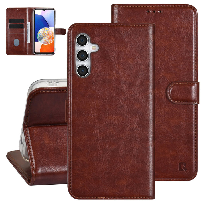 UNIQ Accessory Samsung Galaxy A14 5G Book Case hoesje - Pasjeshouder voor 3 pasjes - Hanger - Bruin-Hoesjes-Ilumina Benelux
