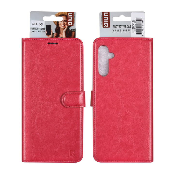 UNIQ Accessory Samsung Galaxy A14 5G Book Case hoesje - Pasjeshouder voor 3 pasjes - Hanger - Felroze-Hoesjes-Ilumina Benelux