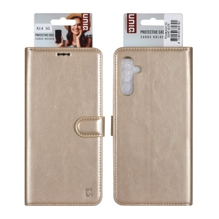UNIQ Accessory Samsung Galaxy A14 5G Book Case hoesje - Pasjeshouder voor 3 pasjes - Hanger - Goud-Hoesjes-Ilumina Benelux
