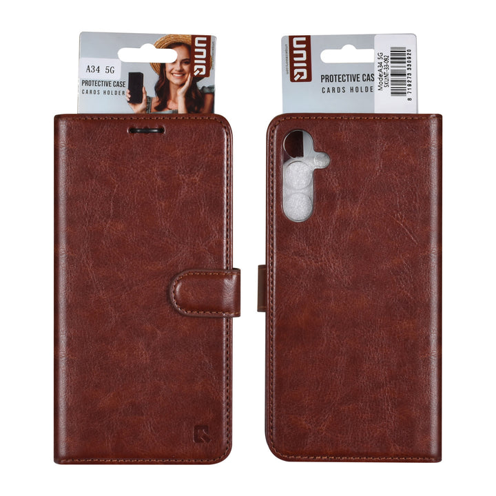 UNIQ Accessory Samsung Galaxy A34 5G Book Case hoesje - Pasjeshouder voor 3 pasjes - Hanger - Bruin-Hoesjes-Ilumina Benelux