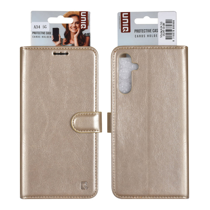 UNIQ Accessory Samsung Galaxy A34 5G Book Case hoesje - Pasjeshouder voor 3 pasjes - Hanger - Goud-Hoesjes-Ilumina Benelux