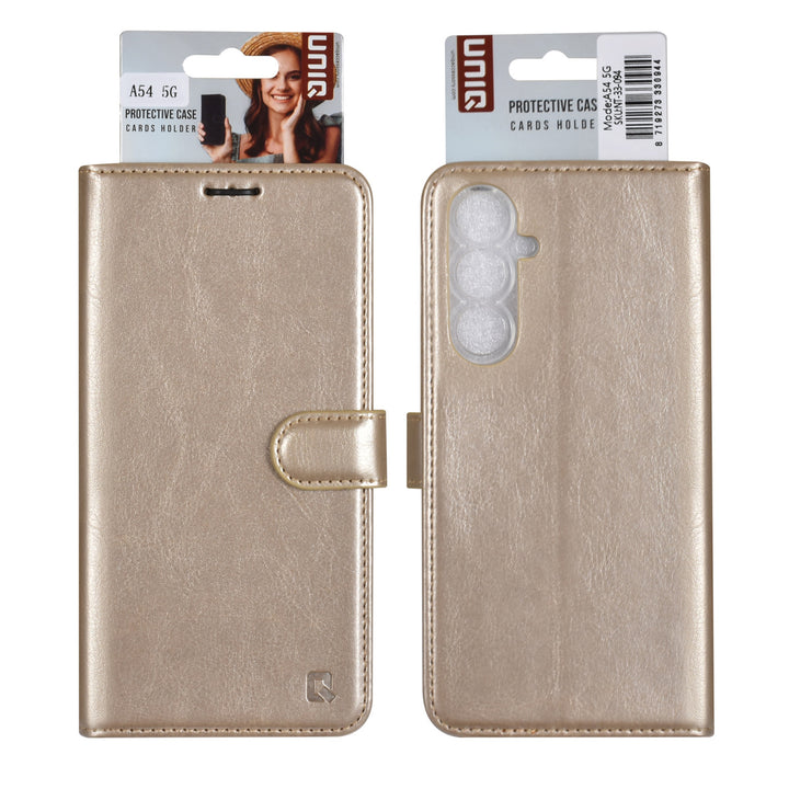 UNIQ Accessory Samsung Galaxy A54 5G Book Case hoesje - Pasjeshouder voor 3 pasjes - Hanger - Goud-Hoesjes-Ilumina Benelux