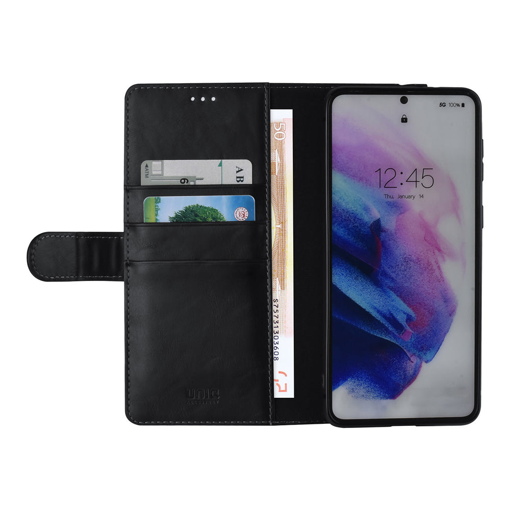 UNIQ Accessory Samsung Galaxy S21 Plus Book Case hoesje - Zwart - Pasjeshouder 3 pasjes - PU Leather-Hoesjes-Ilumina Benelux