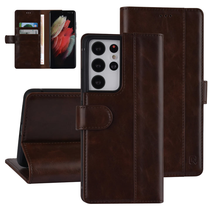 UNIQ Accessory Samsung Galaxy S21 Ultra Book Case hoesje - DonkerBruin - Pasjeshouder 3 pasjes - PU Leather-Hoesjes-Ilumina Benelux