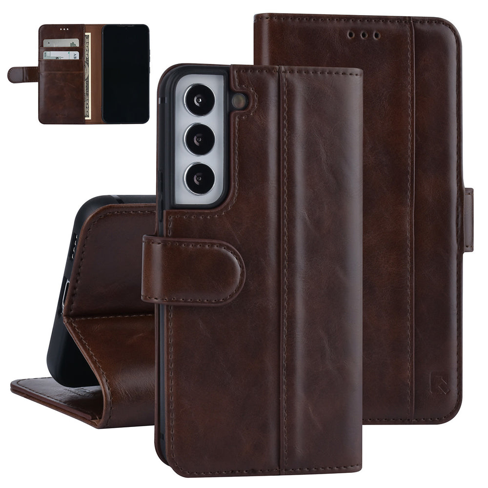 UNIQ Accessory Samsung Galaxy S22 Book Case hoesje - Pasjeshouder voor 3 pasjes - Magneetsluiting - DonkerBruin-Hoesjes-Ilumina Benelux