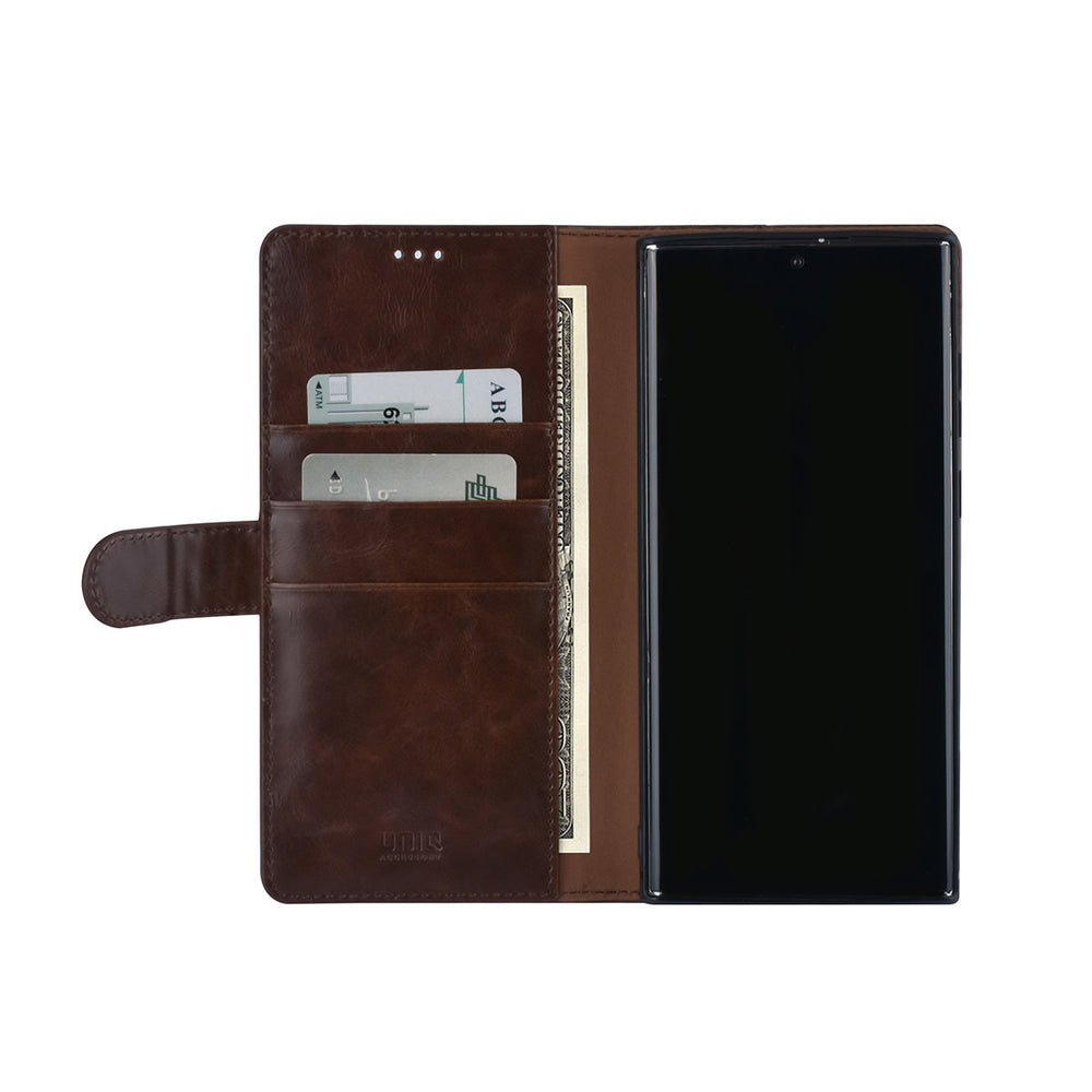 UNIQ Accessory Samsung Galaxy S22 Ultra Book Case hoesje - Pasjeshouder voor 3 pasjes - Magneetsluiting - DonkerBruin-Hoesjes-Ilumina Benelux