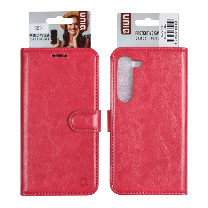 UNIQ Accessory Samsung Galaxy S23 Book Case hoesje - Pasjeshouder voor 3 pasjes - Hanger - Felroze-Hoesjes-Ilumina Benelux