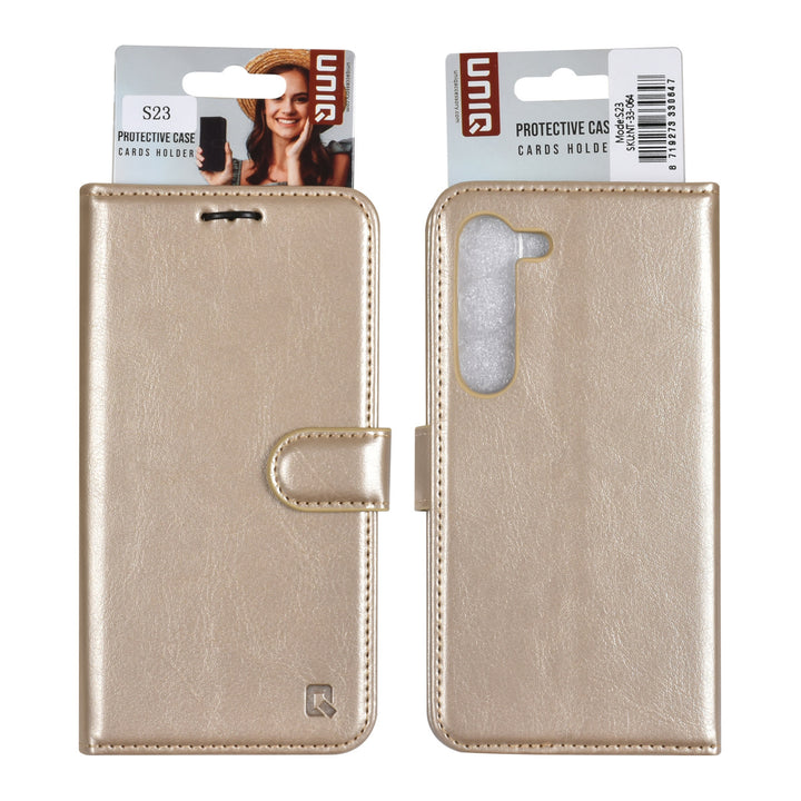 UNIQ Accessory Samsung Galaxy S23 Book Case hoesje - Pasjeshouder voor 3 pasjes - Hanger - Goud-Hoesjes-Ilumina Benelux