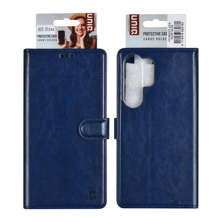 UNIQ Accessory Samsung Galaxy S23 Ultra Book Case hoesje - Pasjeshouder voor 3 pasjes - Hanger - Blauw-Hoesjes-Ilumina Benelux