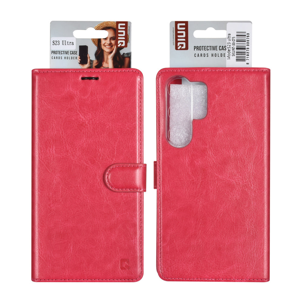 UNIQ Accessory Samsung Galaxy S23 Ultra Book Case hoesje - Pasjeshouder voor 3 pasjes - Hanger - Felroze-Hoesjes-Ilumina Benelux