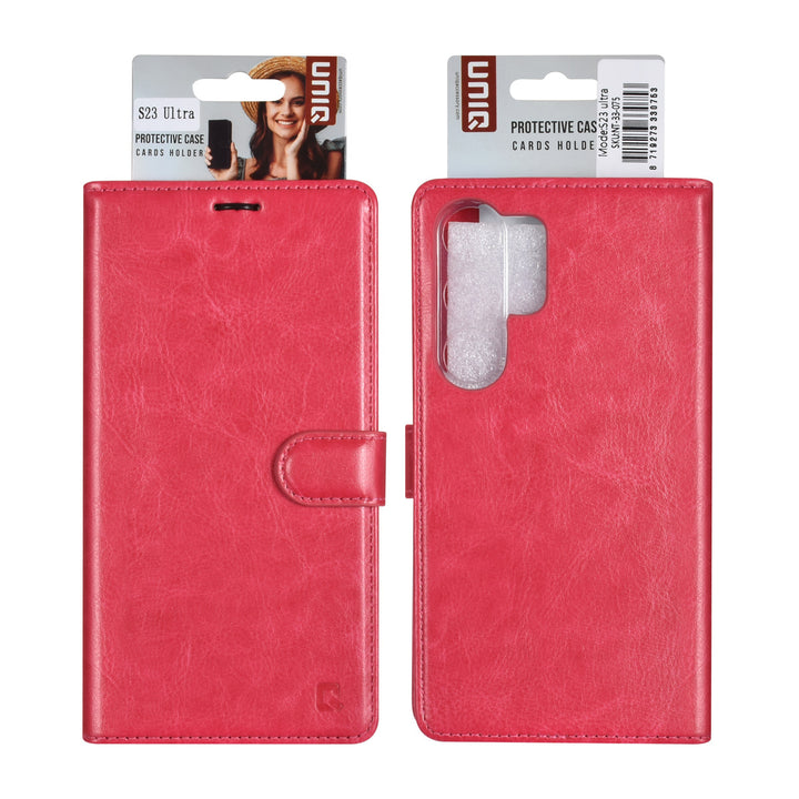 UNIQ Accessory Samsung Galaxy S23 Ultra Book Case hoesje - Pasjeshouder voor 3 pasjes - Hanger - Felroze-Hoesjes-Ilumina Benelux