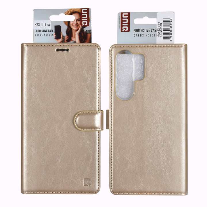 UNIQ Accessory Samsung Galaxy S23 Ultra Book Case hoesje - Pasjeshouder voor 3 pasjes - Hanger - Goud-Hoesjes-Ilumina Benelux