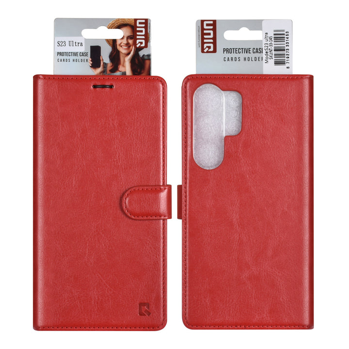 UNIQ Accessory Samsung Galaxy S23 Ultra Book Case hoesje - Pasjeshouder voor 3 pasjes - Hanger - Rood-Hoesjes-Ilumina Benelux
