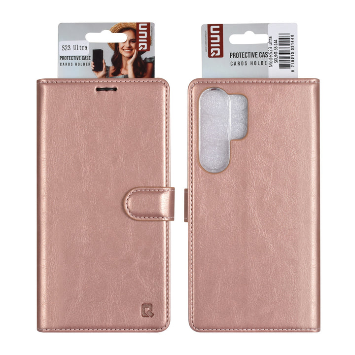 UNIQ Accessory Samsung Galaxy S23 Ultra Book Case hoesje - Pasjeshouder voor 3 pasjes - Hanger - Rose Gold-Hoesjes-Ilumina Benelux