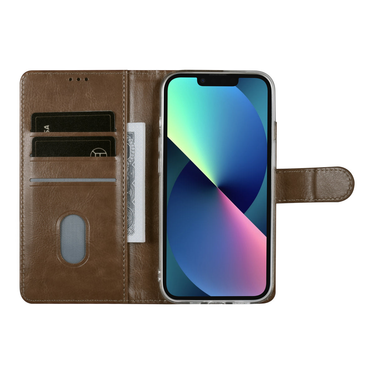 Open bruine telefoonboekhoes met pasjes en telefoon