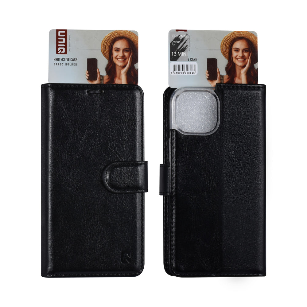 UNIQ Accessory iPhone 13 Mini Book Case hoesje - Pasjeshouder voor 3 pasjes - Magneetsluiting - Zwart-Hoesjes-Ilumina Benelux