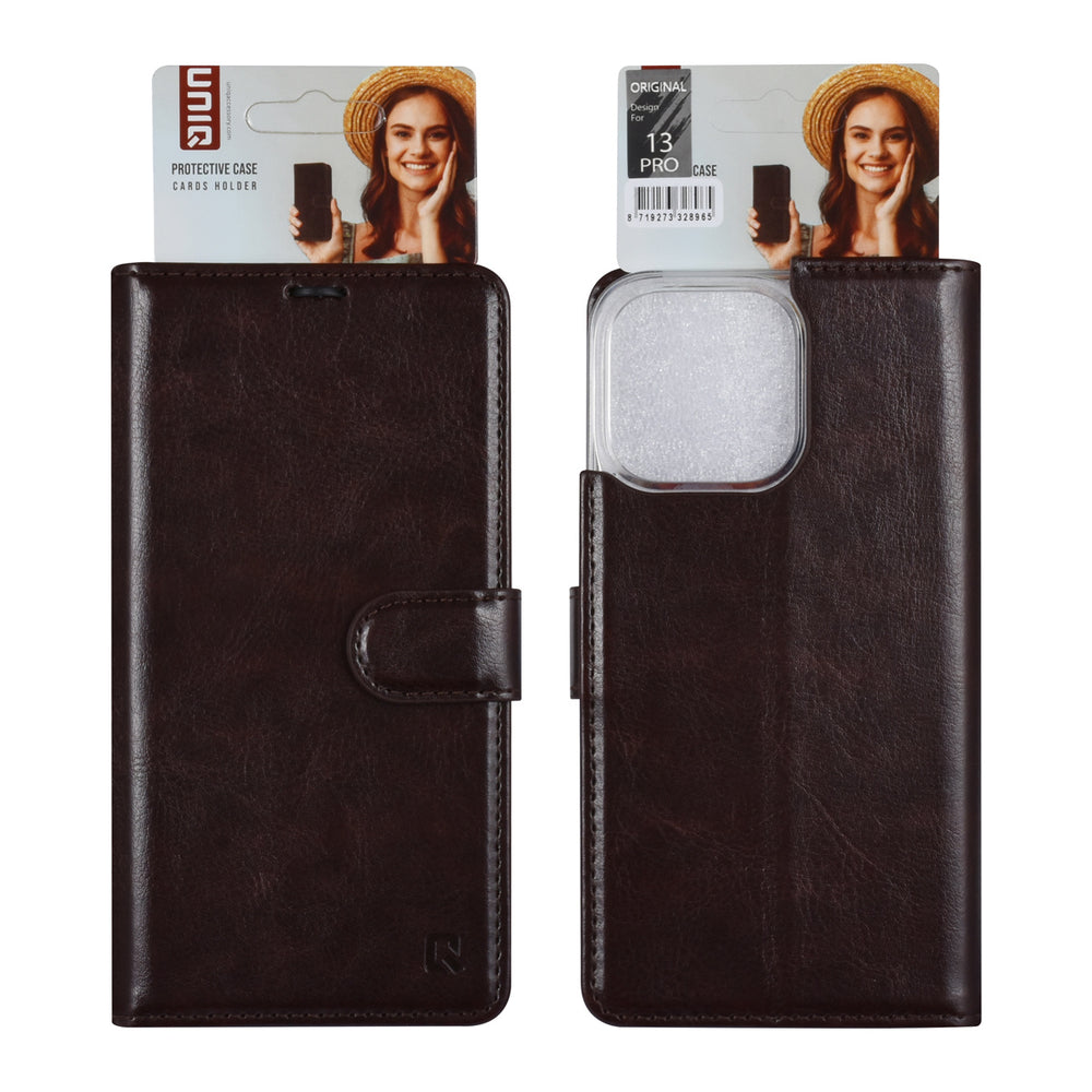 UNIQ Accessory iPhone 13 Pro Book Case hoesje - Pasjeshouder voor 3 pasjes - Magneetsluiting - DonkerBruin-Hoesjes-Ilumina Benelux