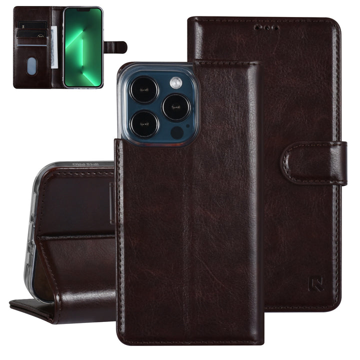 UNIQ Accessory iPhone 13 Pro Book Case hoesje - Pasjeshouder voor 3 pasjes - Magneetsluiting - DonkerBruin-Hoesjes-Ilumina Benelux