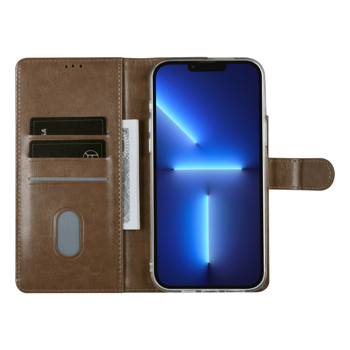 Open bruine telefoonboekhoes met pasjes en telefoon