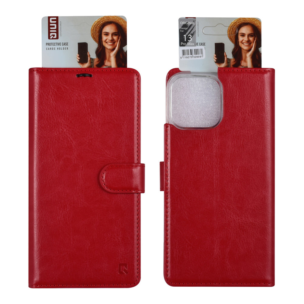 UNIQ Accessory iPhone 13 Pro Max Book Case hoesje - Pasjeshouder voor 3 pasjes - Magneetsluiting - Rood-Hoesjes-Ilumina Benelux
