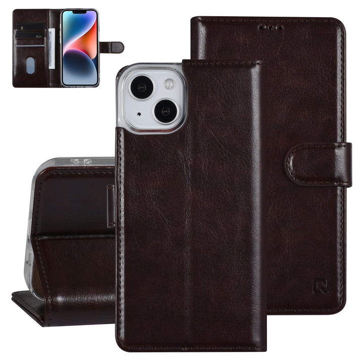 UNIQ Accessory iPhone 14 & 13 Book Case hoesje - Pasjeshouder voor 3 pasjes - Magneetsluiting - Hanger - DonkerBruin-Hoesjes-Ilumina Benelux