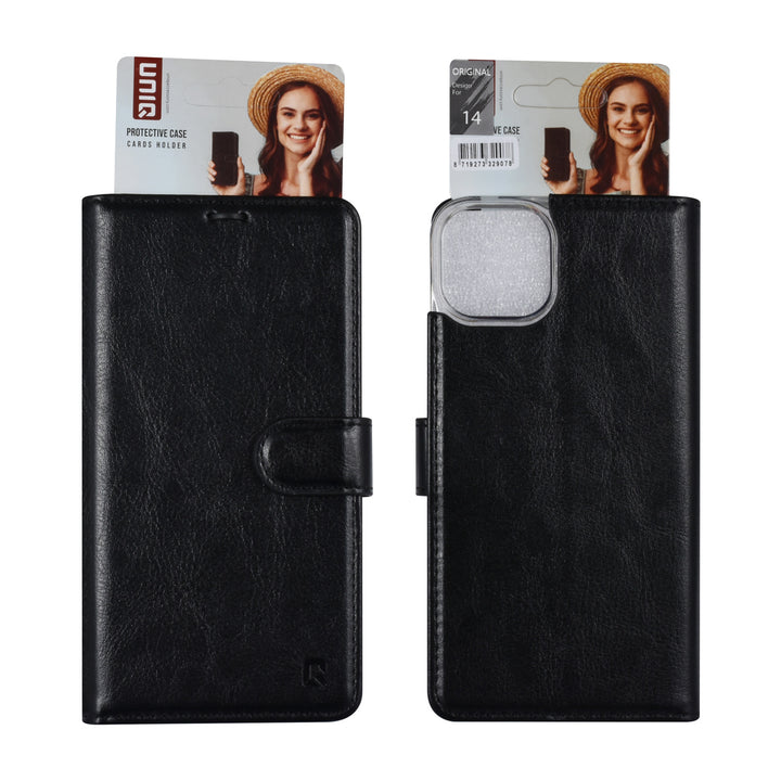 UNIQ Accessory iPhone 14 & 13 Book Case hoesje - Pasjeshouder voor 3 pasjes - Magneetsluiting - Hanger - Zwart-Hoesjes-Ilumina Benelux
