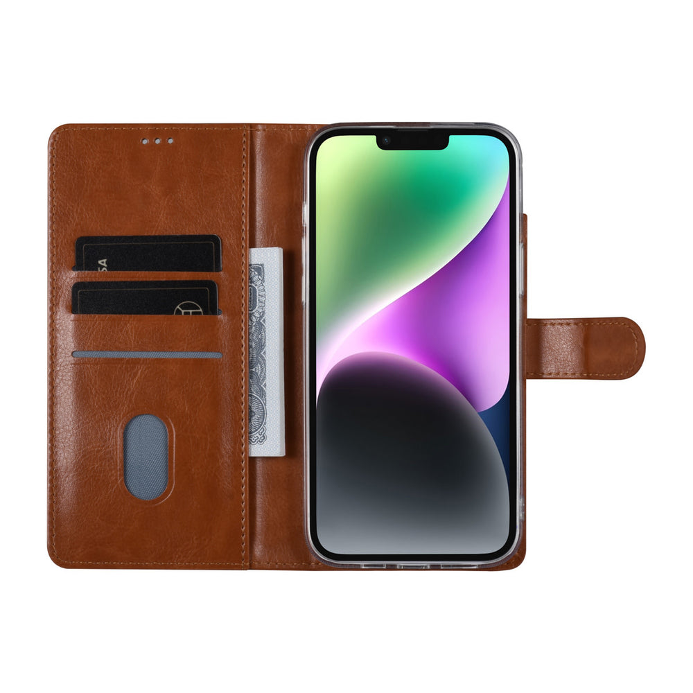 UNIQ Accessory iPhone 14 & 15 Plus Book Case hoesje - Pasjeshouder voor 3 pasjes - Magneetsluiting - Hanger - LichtBruin-Hoesjes-Ilumina Benelux