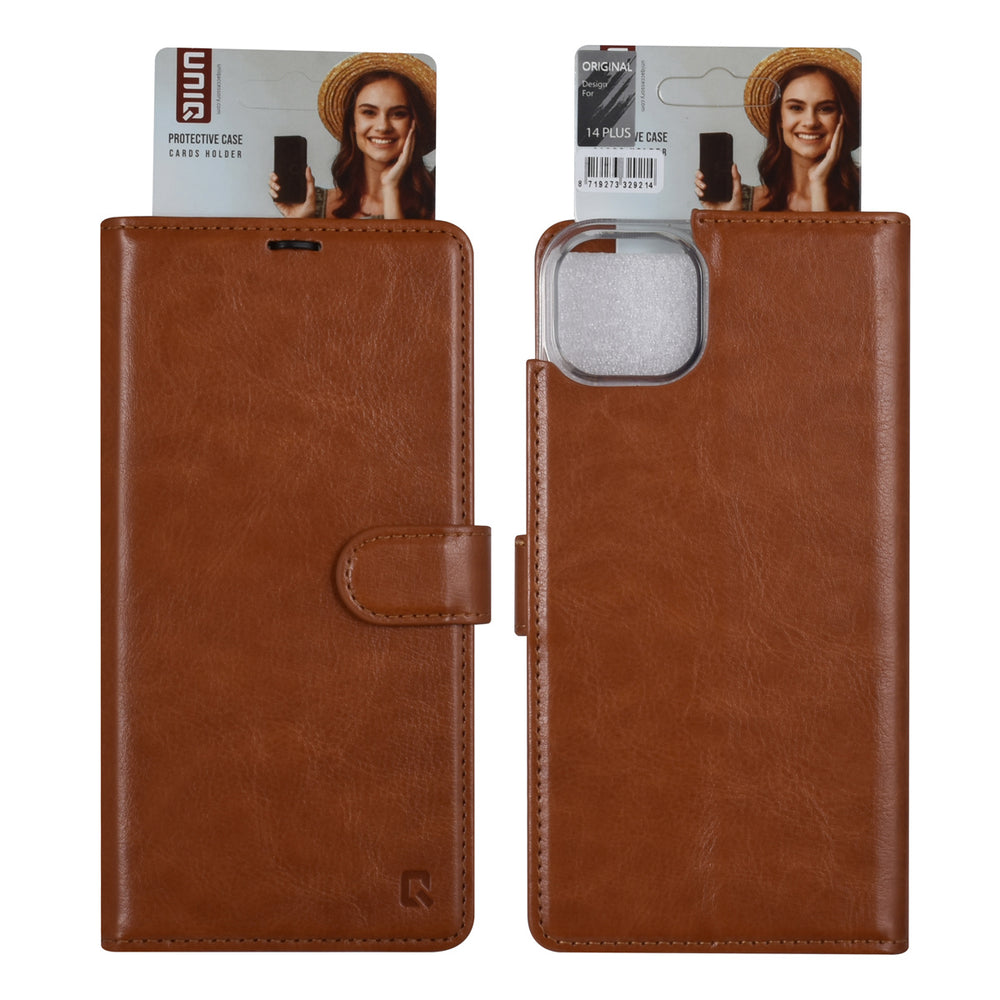 UNIQ Accessory iPhone 14 & 15 Plus Book Case hoesje - Pasjeshouder voor 3 pasjes - Magneetsluiting - Hanger - LichtBruin-Hoesjes-Ilumina Benelux