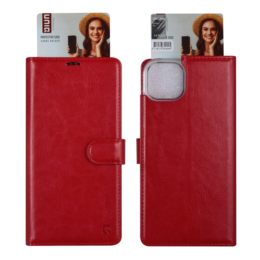 UNIQ Accessory iPhone 14 & 15 Plus Book Case hoesje - Pasjeshouder voor 3 pasjes - Magneetsluiting - Hanger - Rood-Hoesjes-Ilumina Benelux