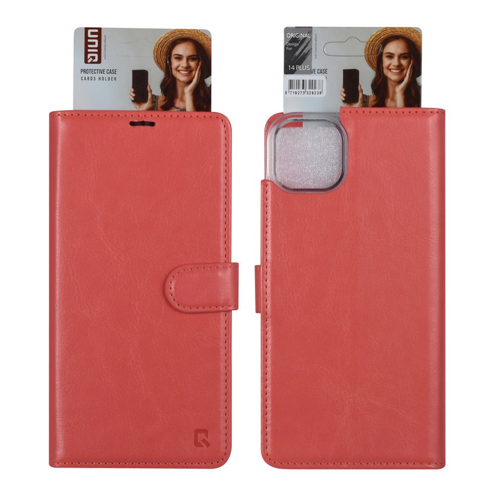 UNIQ Accessory iPhone 14 & 15 Plus Book Case hoesje - Pasjeshouder voor 3 pasjes - Magneetsluiting - Hanger - Roze-Hoesjes-Ilumina Benelux