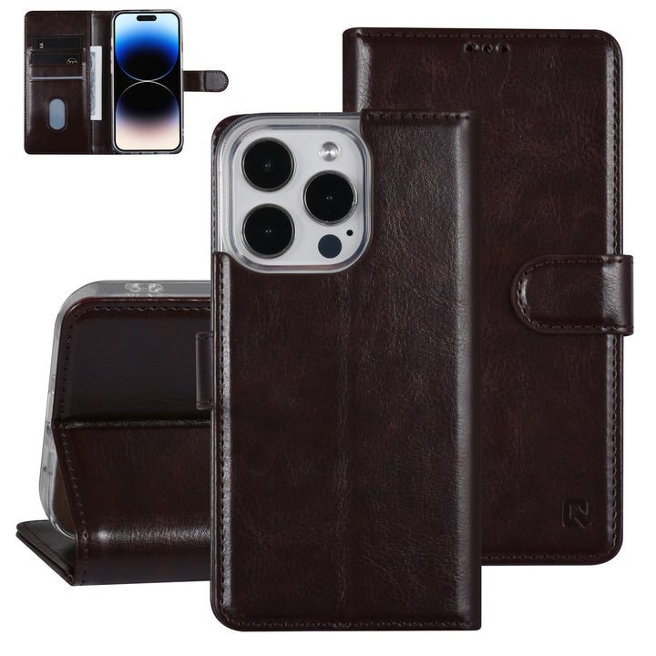 UNIQ Accessory iPhone 14 Pro Book Case hoesje - Pasjeshouder voor 3 pasjes - Hanger - DonkerBruin-Hoesjes-Ilumina Benelux