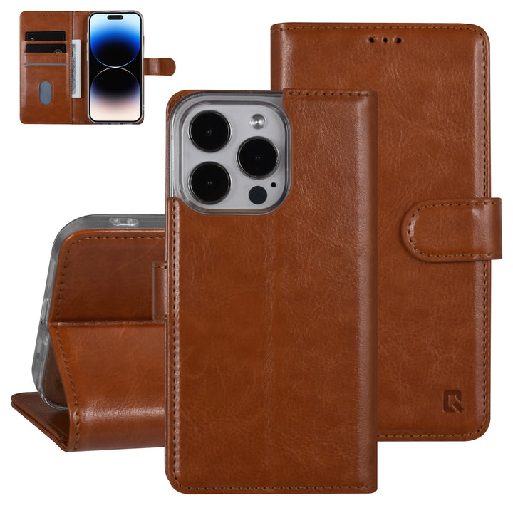 UNIQ Accessory iPhone 14 Pro Book Case hoesje - Pasjeshouder voor 3 pasjes - Hanger - LichtBruin-Hoesjes-Ilumina Benelux