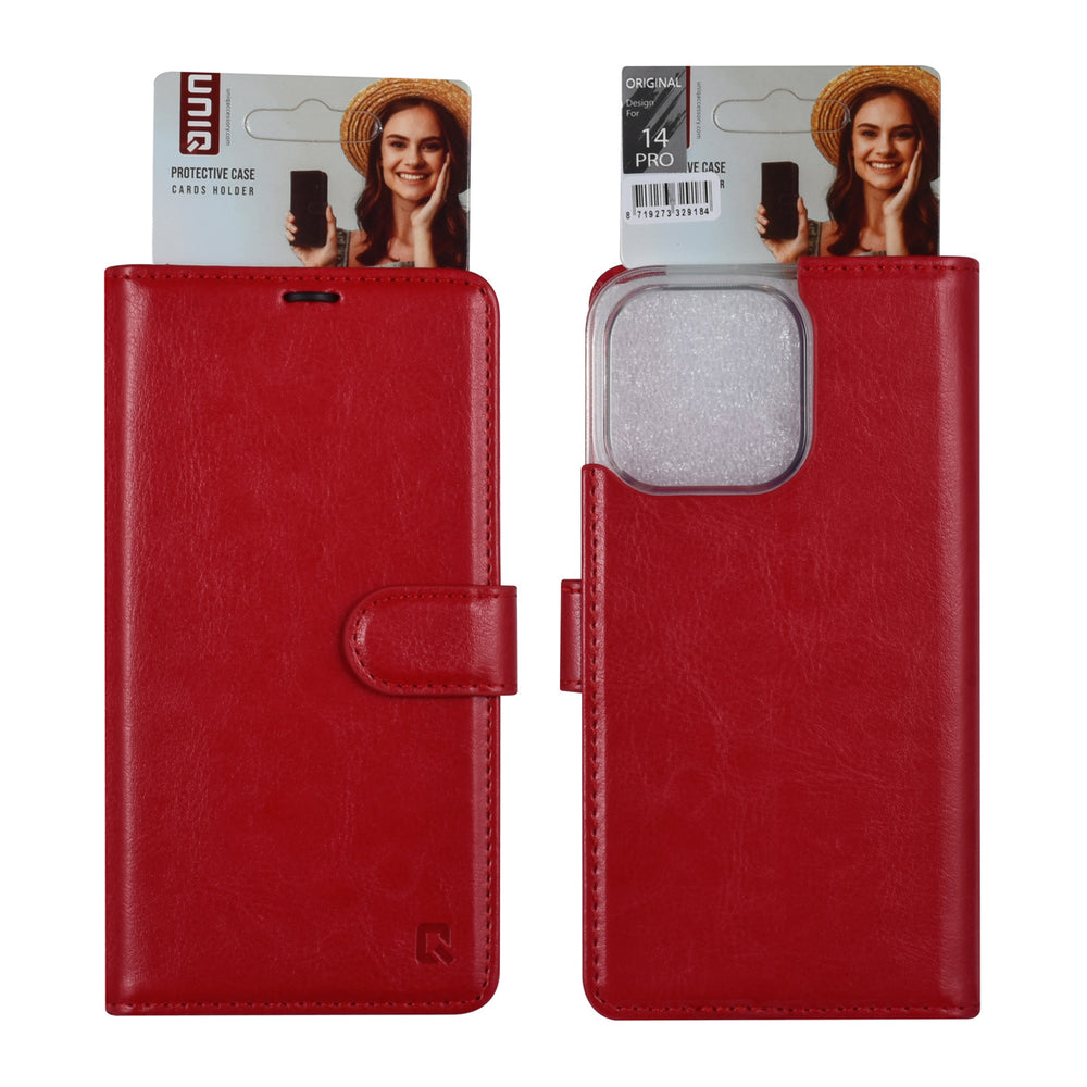 UNIQ Accessory iPhone 14 Pro Book Case hoesje - Pasjeshouder voor 3 pasjes - Hanger - Rood-Hoesjes-Ilumina Benelux