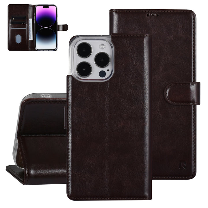 UNIQ Accessory iPhone 14 Pro Max Book Case hoesje - Pasjeshouder voor 3 pasjes - Hanger - DonkerBruin-Hoesjes-Ilumina Benelux