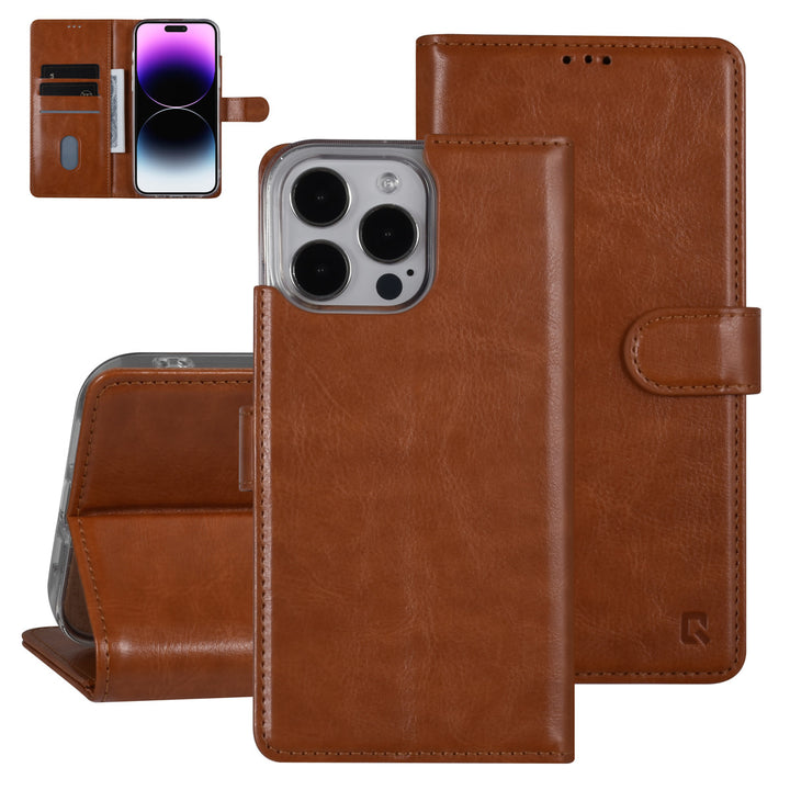 UNIQ Accessory iPhone 14 Pro Max Book Case hoesje - Pasjeshouder voor 3 pasjes - Hanger - LichtBruin-Hoesjes-Ilumina Benelux