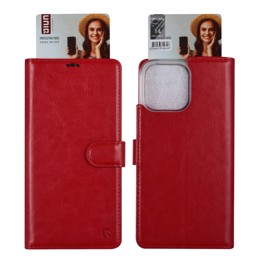 UNIQ Accessory iPhone 14 Pro Max Book Case hoesje - Pasjeshouder voor 3 pasjes - Hanger - Rood-Hoesjes-Ilumina Benelux