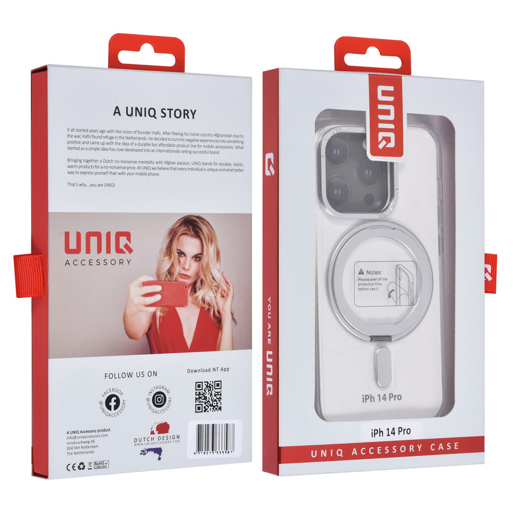 UNIQ Accessory iPhone 14 Pro TPU Back Cover hoesje - Magsafe Compatible 360 Graden Draaibare Standaard - Transparant - Zilver-Hoesjes-Ilumina Benelux