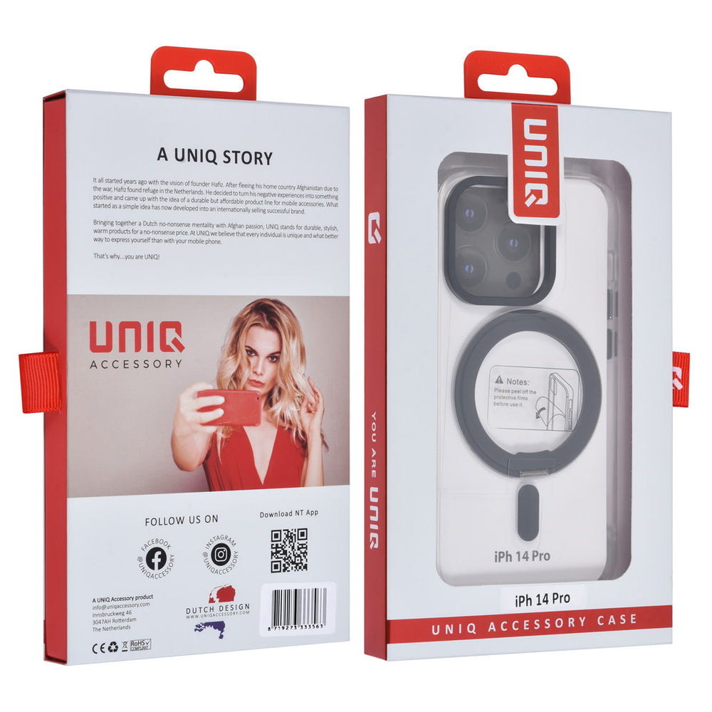 UNIQ Accessory iPhone 14 Pro TPU Back Cover hoesje - Magsafe Compatible 360 Graden Draaibare Standaard - Transparant - Zwart-Hoesjes-Ilumina Benelux