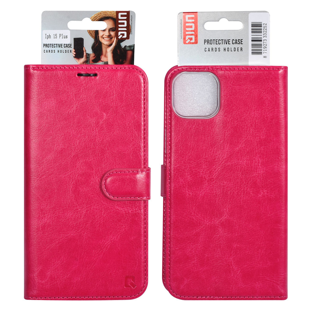 UNIQ Accessory iPhone 15 & 14 Plus Book Case hoesje - Pasjeshouder voor 3 pasjes - Magneetsluiting - Hanger - Felroze-Hoesjes-Ilumina Benelux
