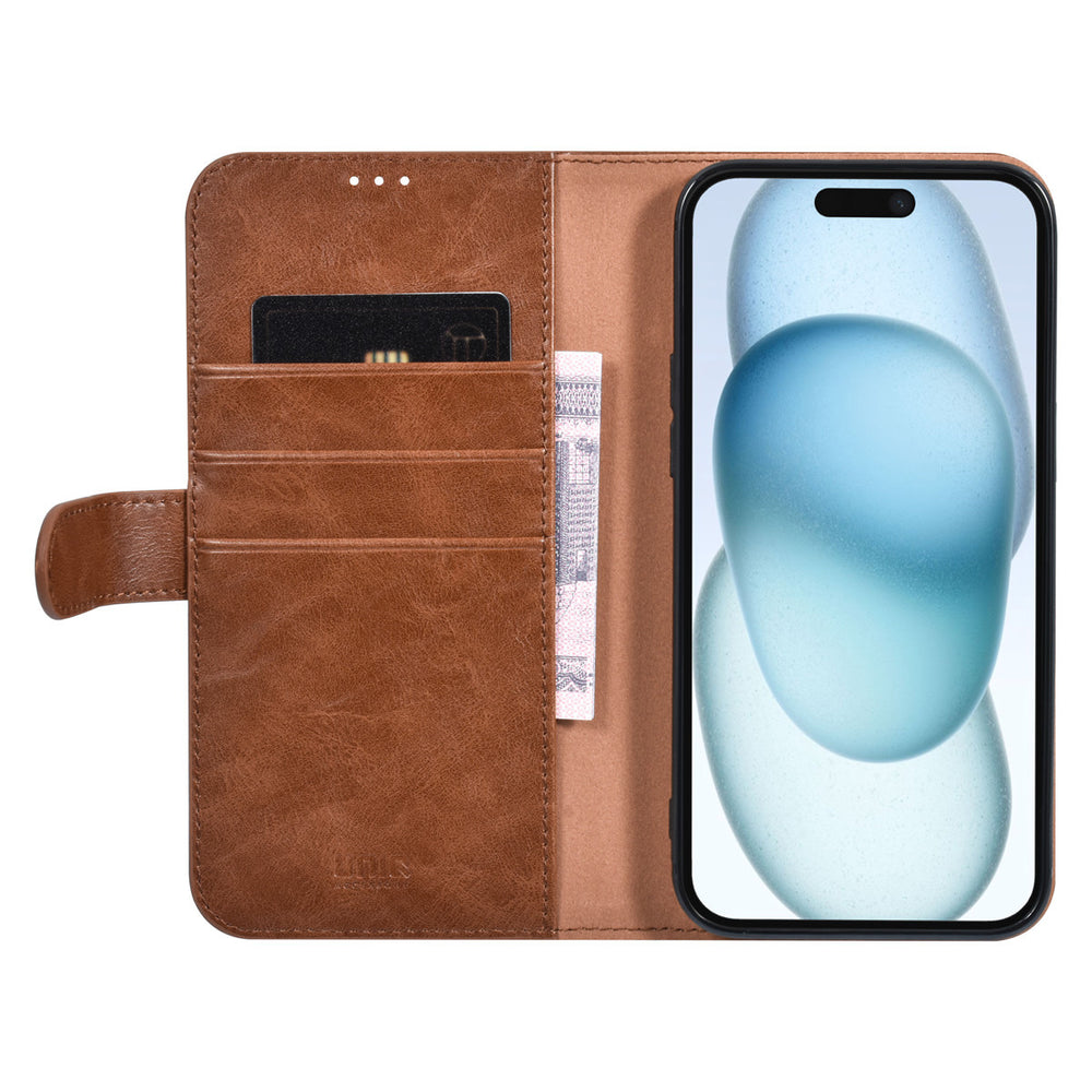 UNIQ Accessory iPhone 15 & 14 Plus Book Case hoesje - Pasjeshouder voor 3 pasjes - Magneetsluiting - LichtBruin-Hoesjes-Ilumina Benelux
