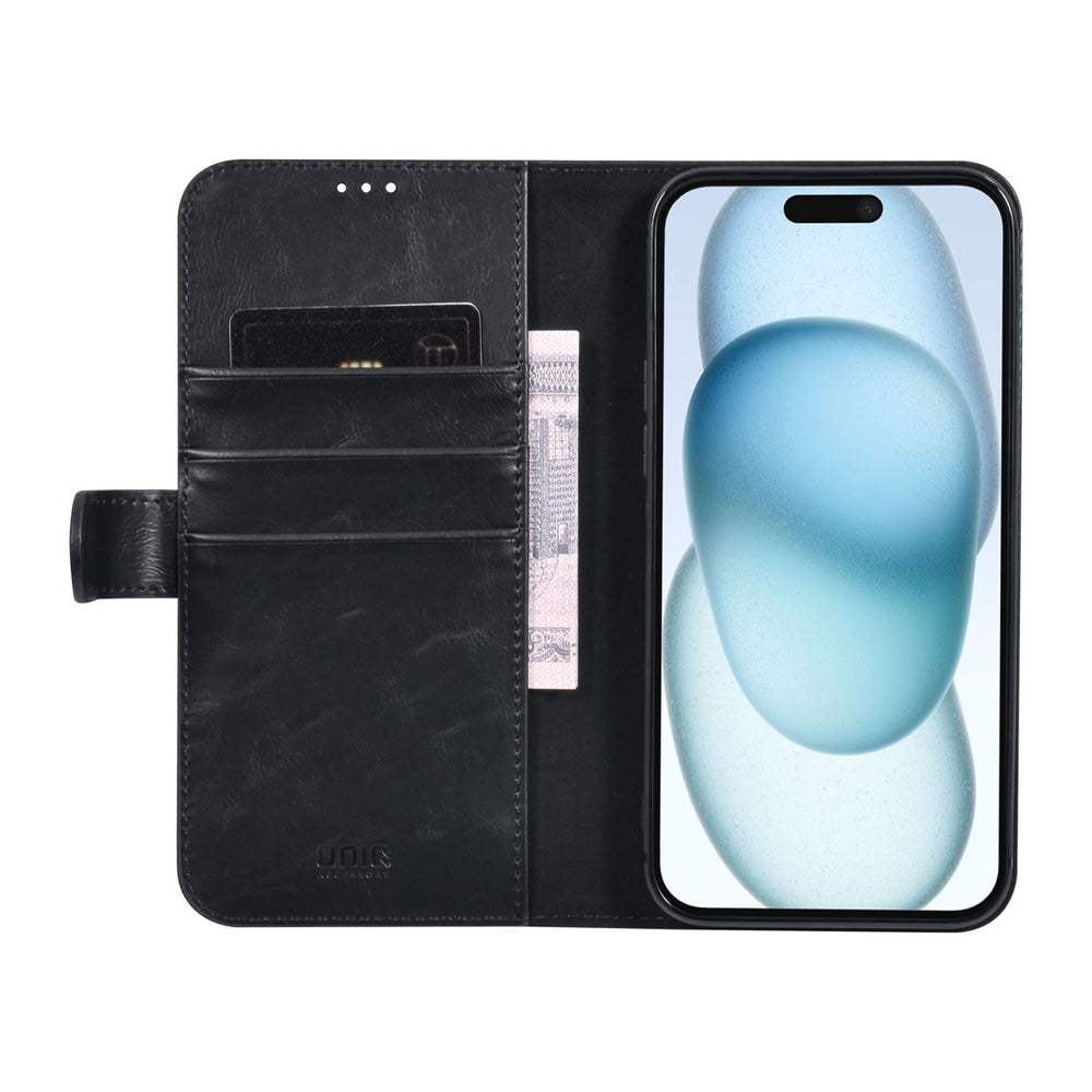 UNIQ Accessory iPhone 15 & 14 Plus Book Case hoesje - Pasjeshouder voor 3 pasjes - Magneetsluiting - Zwart-Hoesjes-Ilumina Benelux