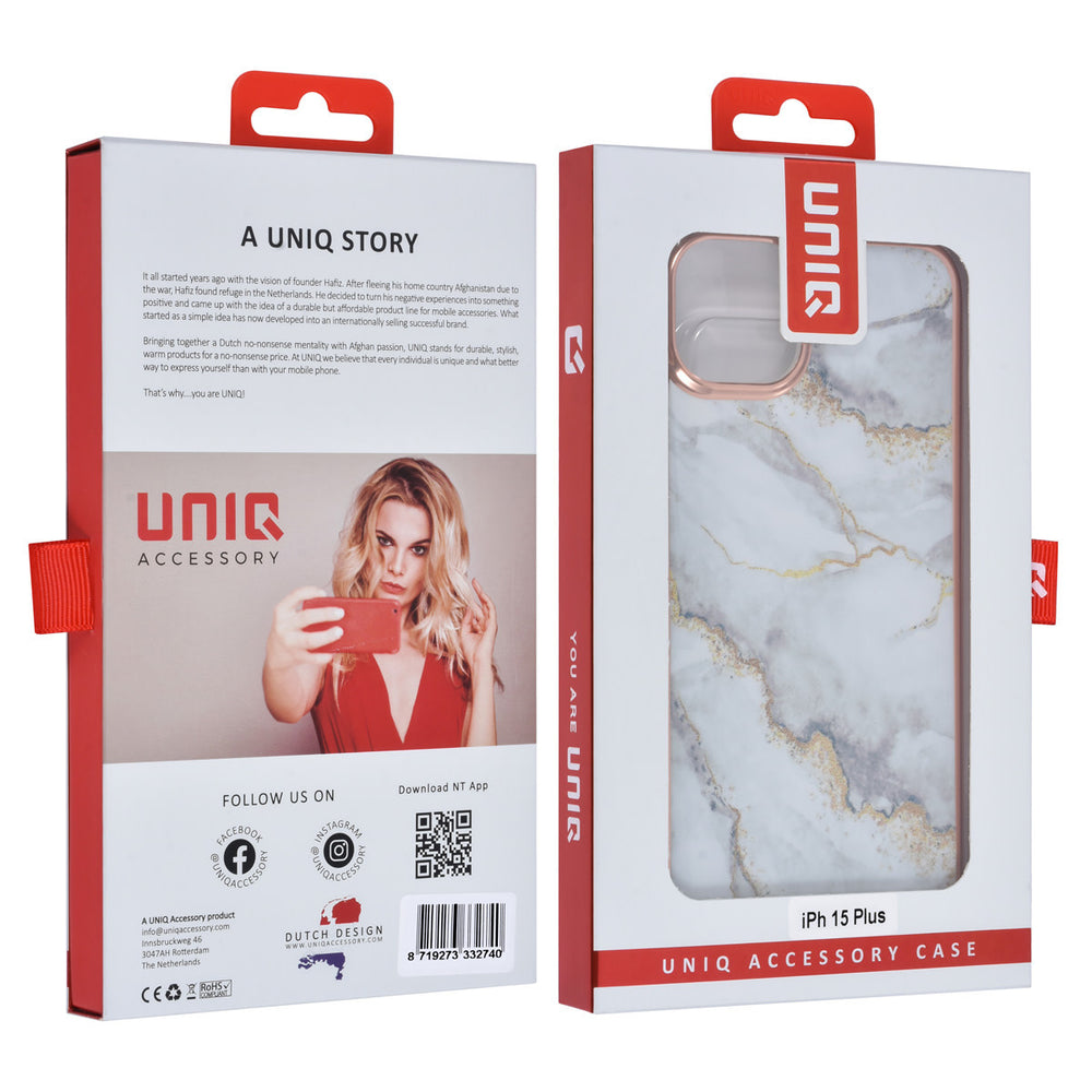 UNIQ Accessory iPhone 15 & 14 Plus TPU Back Cover hoesje - Marble White-Hoesjes-Ilumina Benelux