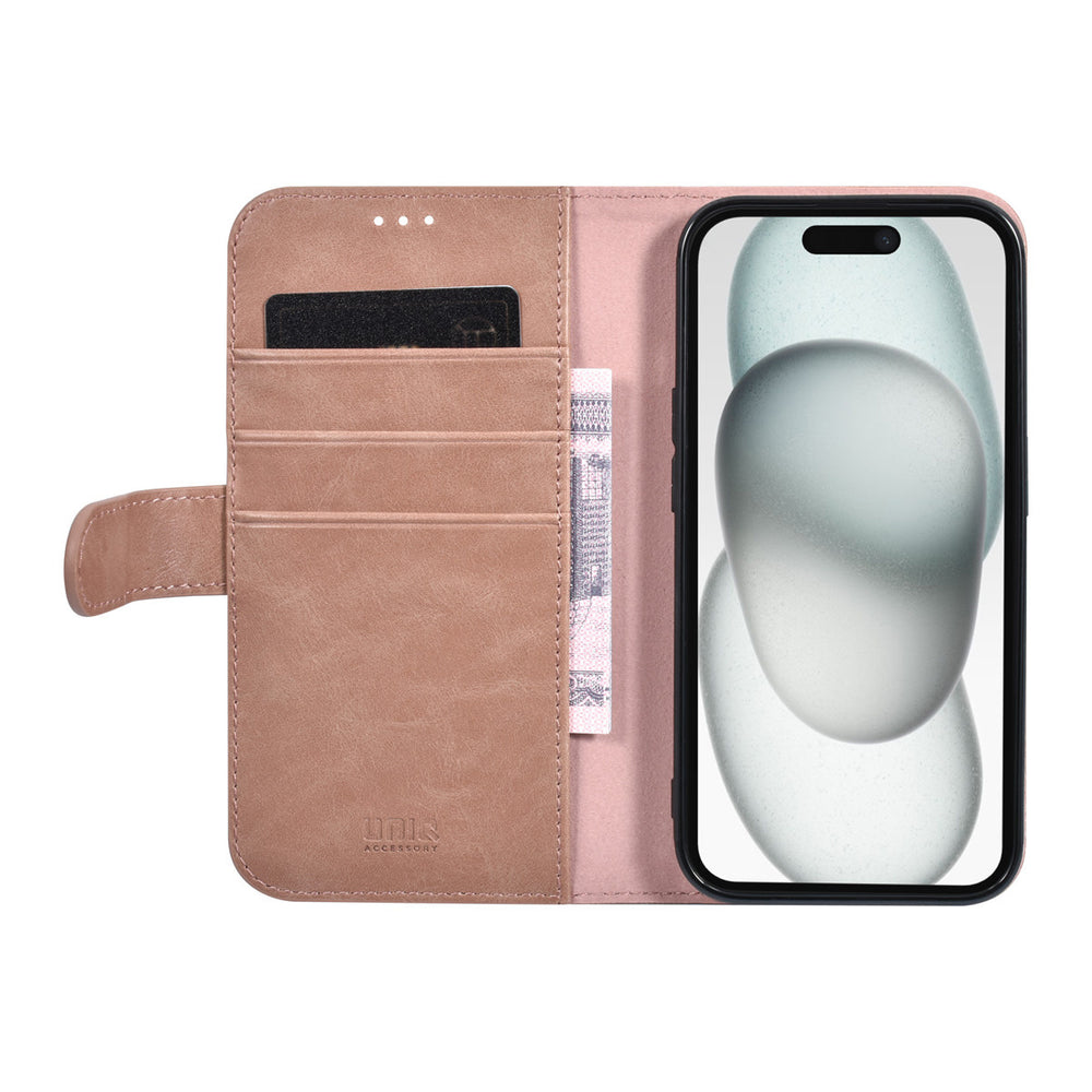 UNIQ Accessory iPhone 15 Book Case hoesje - Pasjeshouder voor 3 pasjes - Magneetsluiting - Rose Gold-Hoesjes-Ilumina Benelux