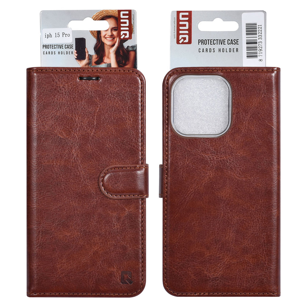 UNIQ Accessory iPhone 15 Pro Book Case hoesje - Pasjeshouder voor 3 pasjes - Magneetsluiting - Hanger - Bruin-Hoesjes-Ilumina Benelux